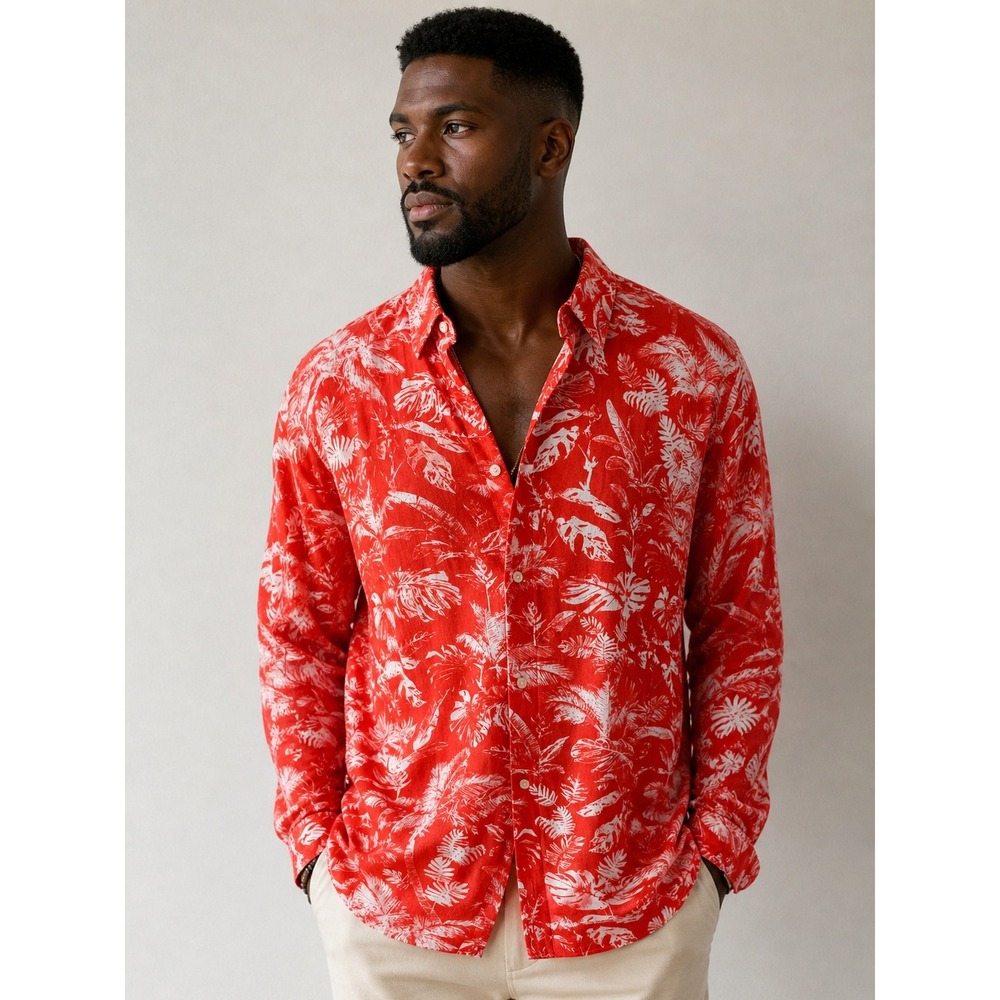 H&M Tropical Palm Leaf Button Down Shirt Mens XL Red White Summer Streetwear